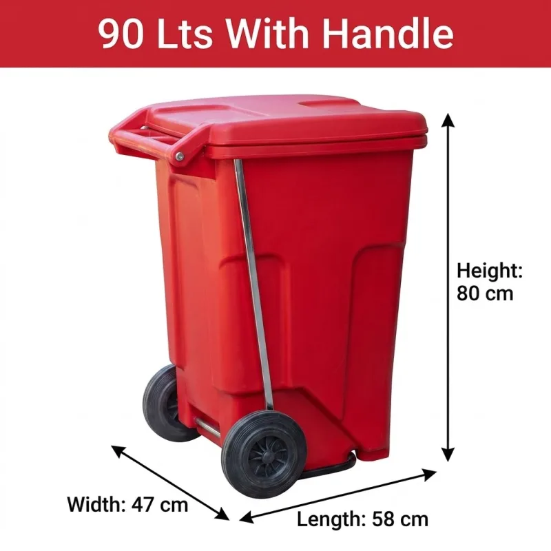 Garbage Bin With Wheels, 90 Lts With Handle - (Length 58 x Width 47 x Height 80)cm