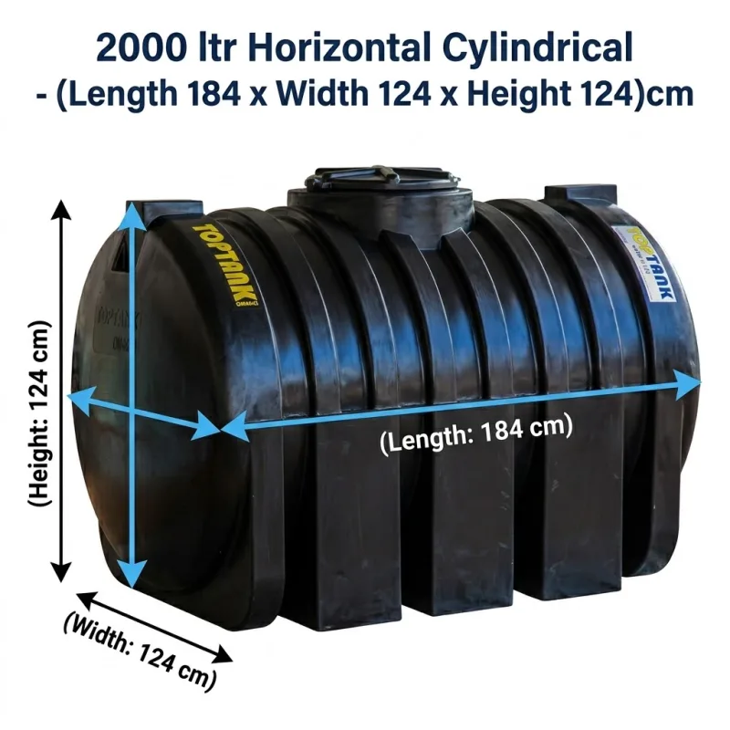 Top Tank 2000 ltr Horizontal Cylindrical - (Length 184 x Width 124 x Height 124)cm