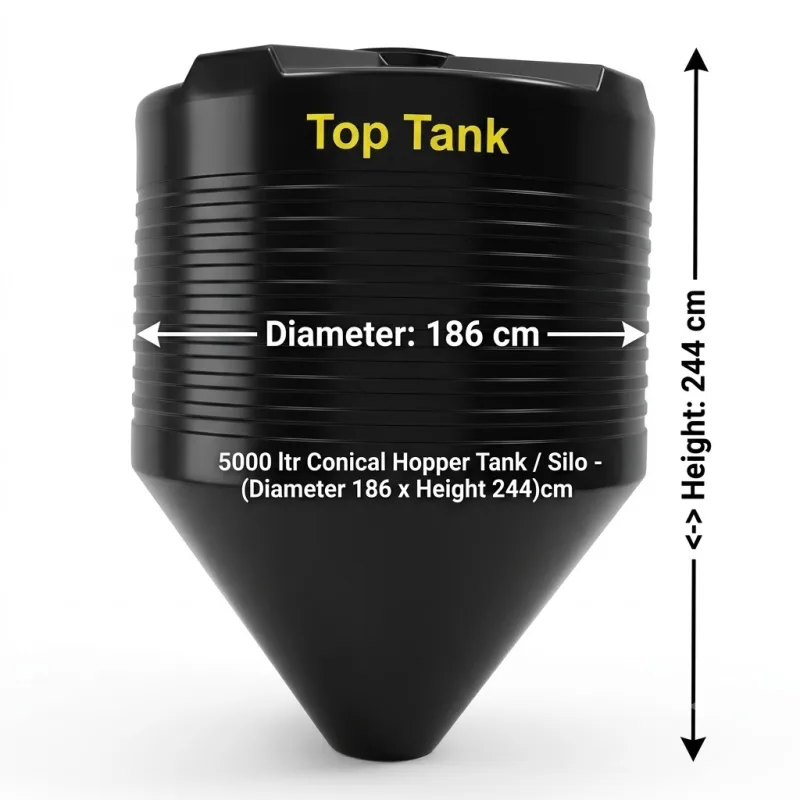 Top Tank 5000 ltr Conical Hopper Tank / Silo - (Diameter 186 x Height 244)cm