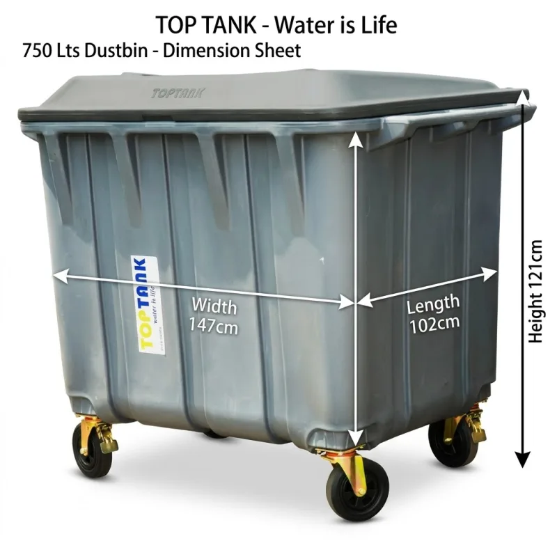 Garbage Bin with Wheels 750 Lts - (Length 102 x Width 147 x Height 121)cm