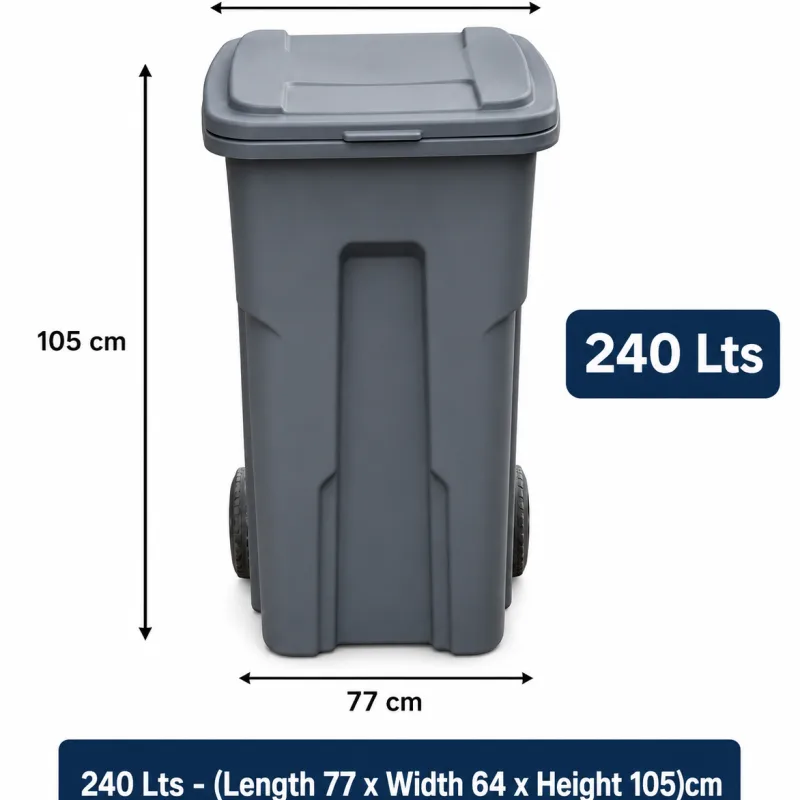 Garbage Bin with Wheels 240 Lts - (Length 77 x Width 64 x Height 105)cm