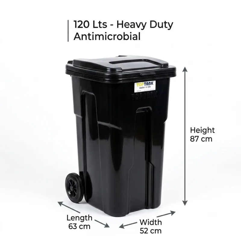 Garbage Bin with Wheels 120 Lts - (Length 63 x Width 52 x Height 87)cm
